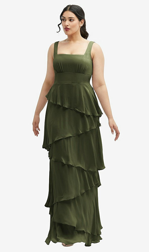 Front View - Olive Green Asymmetrical Tiered Ruffle Chiffon Maxi Dress with Square Neckline