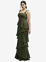 Side View Thumbnail - Olive Green Asymmetrical Tiered Ruffle Chiffon Maxi Dress with Square Neckline