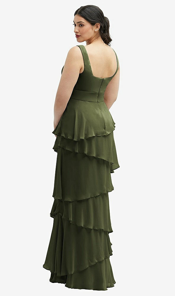 Back View - Olive Green Asymmetrical Tiered Ruffle Chiffon Maxi Dress with Square Neckline