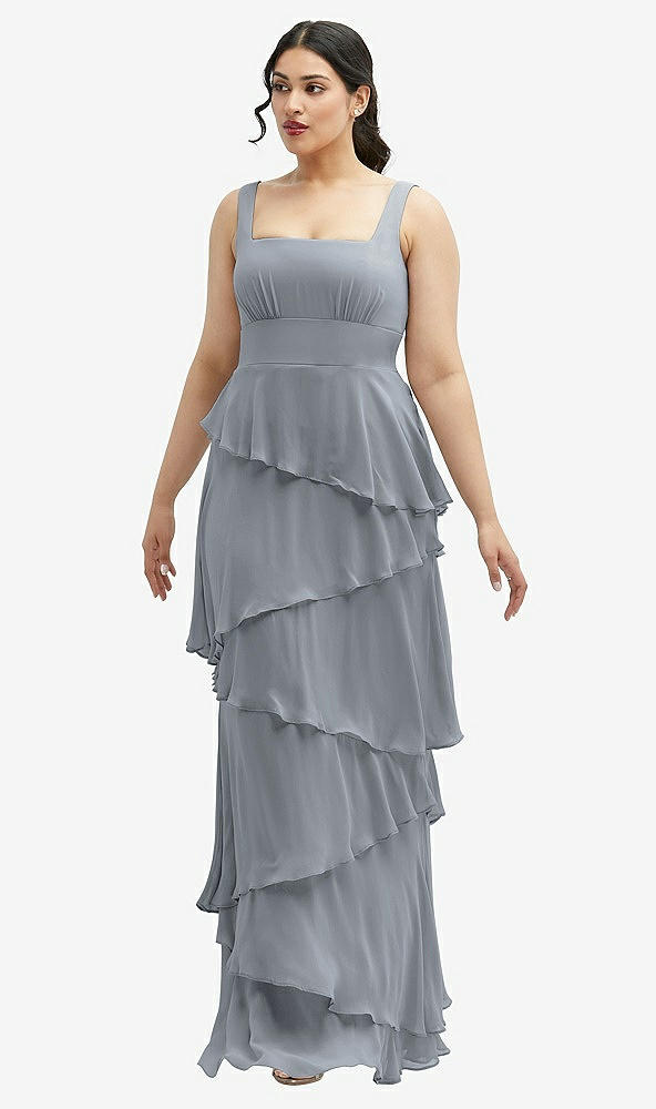 Front View - Platinum Asymmetrical Tiered Ruffle Chiffon Maxi Dress with Square Neckline