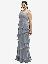 Side View Thumbnail - Platinum Asymmetrical Tiered Ruffle Chiffon Maxi Dress with Square Neckline
