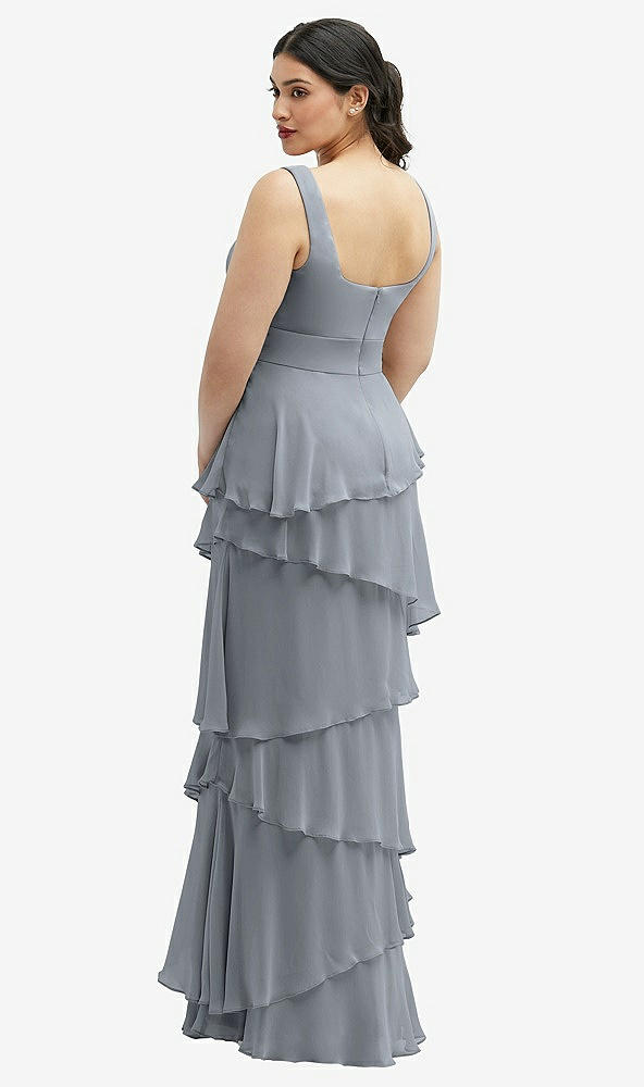 Back View - Platinum Asymmetrical Tiered Ruffle Chiffon Maxi Dress with Square Neckline