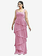 Front View Thumbnail - Powder Pink Asymmetrical Tiered Ruffle Chiffon Maxi Dress with Square Neckline
