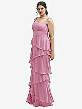 Side View Thumbnail - Powder Pink Asymmetrical Tiered Ruffle Chiffon Maxi Dress with Square Neckline