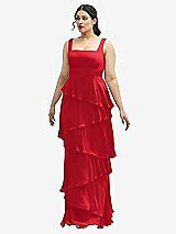 Front View Thumbnail - Parisian Red Asymmetrical Tiered Ruffle Chiffon Maxi Dress with Square Neckline