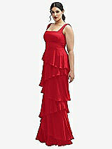 Side View Thumbnail - Parisian Red Asymmetrical Tiered Ruffle Chiffon Maxi Dress with Square Neckline