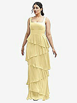 Front View Thumbnail - Pale Yellow Asymmetrical Tiered Ruffle Chiffon Maxi Dress with Square Neckline