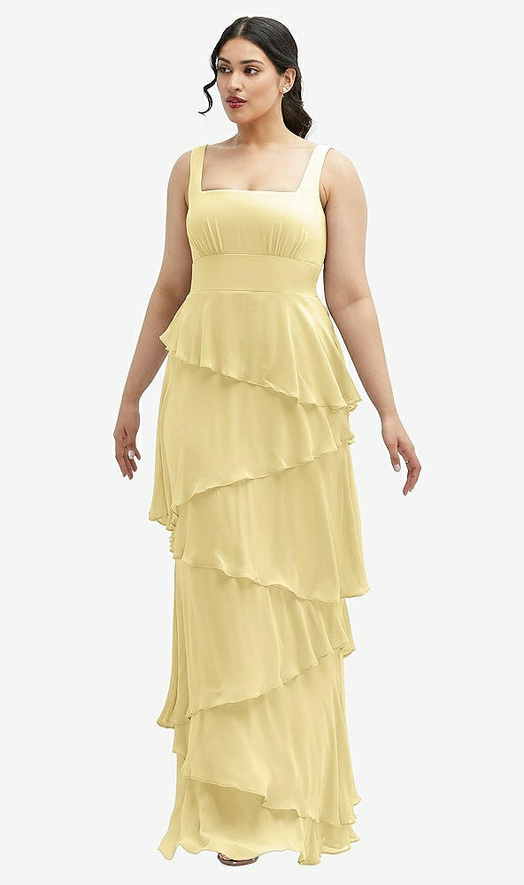 Front View - Pale Yellow Asymmetrical Tiered Ruffle Chiffon Maxi Dress with Square Neckline