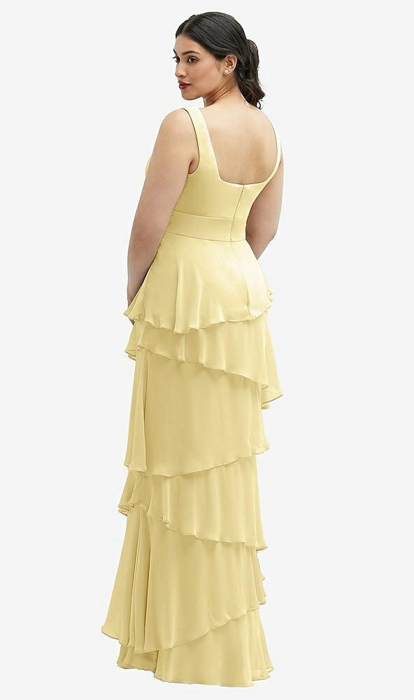 Back View - Pale Yellow Asymmetrical Tiered Ruffle Chiffon Maxi Dress with Square Neckline
