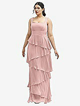 Front View Thumbnail - Rose - PANTONE Rose Quartz Asymmetrical Tiered Ruffle Chiffon Maxi Dress with Square Neckline