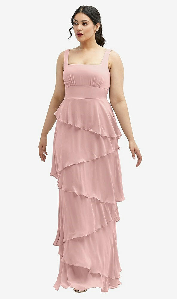Front View - Rose - PANTONE Rose Quartz Asymmetrical Tiered Ruffle Chiffon Maxi Dress with Square Neckline