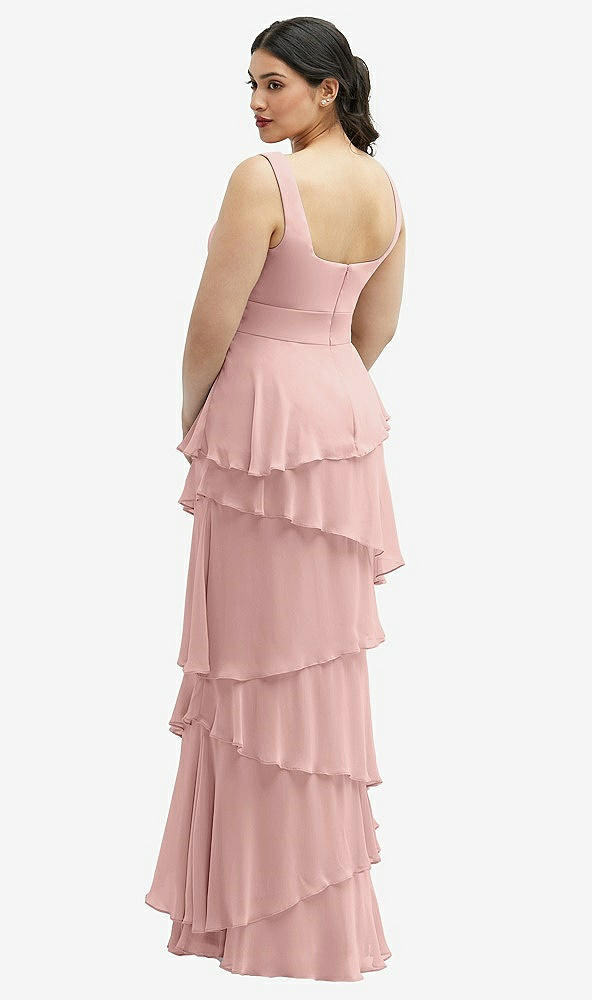 Back View - Rose - PANTONE Rose Quartz Asymmetrical Tiered Ruffle Chiffon Maxi Dress with Square Neckline