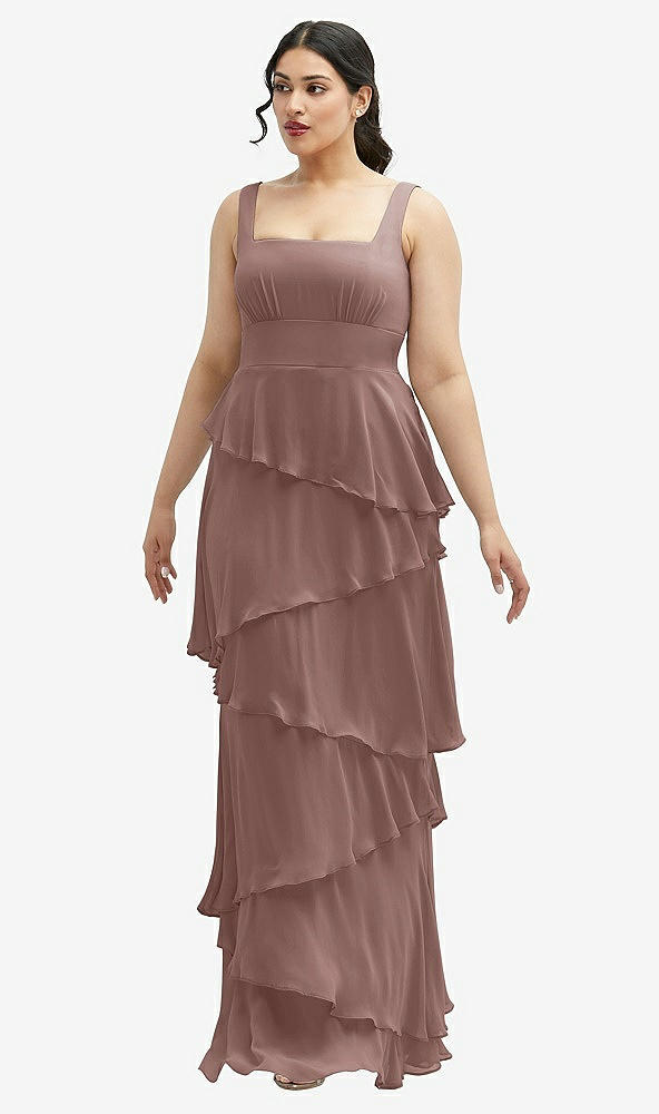 Front View - Sienna Asymmetrical Tiered Ruffle Chiffon Maxi Dress with Square Neckline