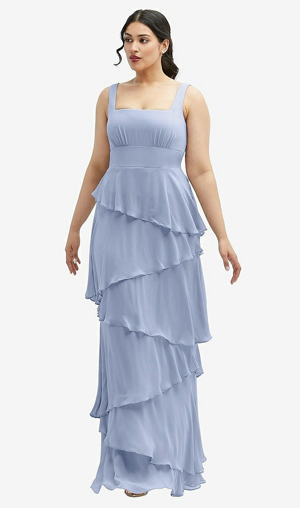 Front View - Sky Blue Asymmetrical Tiered Ruffle Chiffon Maxi Dress with Square Neckline