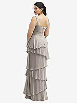 Rear View Thumbnail - Taupe Asymmetrical Tiered Ruffle Chiffon Maxi Dress with Square Neckline