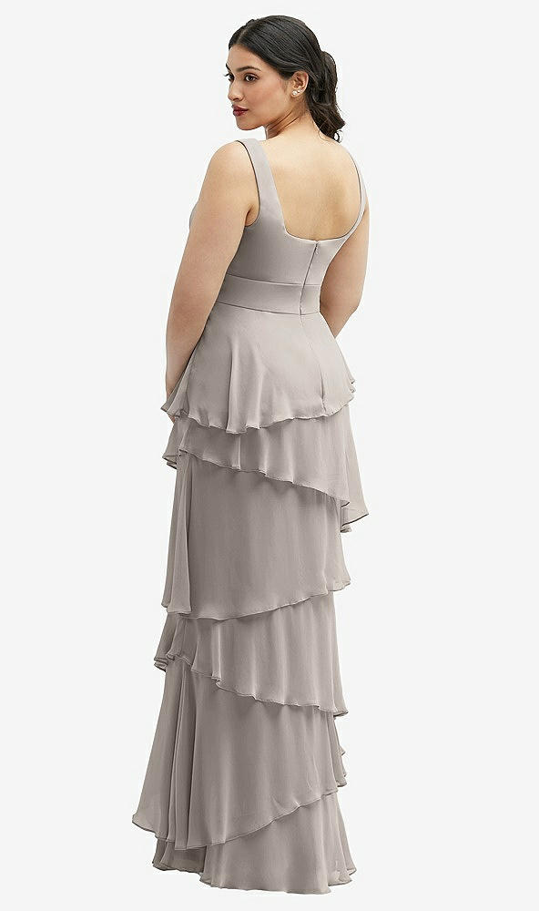 Back View - Taupe Asymmetrical Tiered Ruffle Chiffon Maxi Dress with Square Neckline