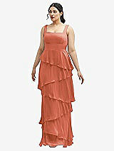 Front View Thumbnail - Terracotta Copper Asymmetrical Tiered Ruffle Chiffon Maxi Dress with Square Neckline