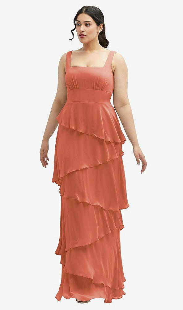 Front View - Terracotta Copper Asymmetrical Tiered Ruffle Chiffon Maxi Dress with Square Neckline