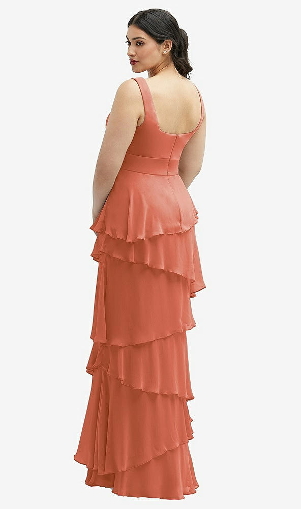 Back View - Terracotta Copper Asymmetrical Tiered Ruffle Chiffon Maxi Dress with Square Neckline