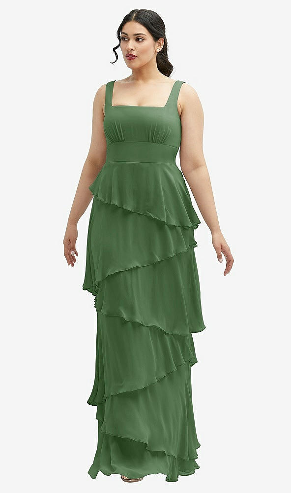 Front View - Vineyard Green Asymmetrical Tiered Ruffle Chiffon Maxi Dress with Square Neckline