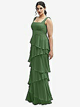 Side View Thumbnail - Vineyard Green Asymmetrical Tiered Ruffle Chiffon Maxi Dress with Square Neckline