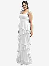 Side View Thumbnail - White Asymmetrical Tiered Ruffle Chiffon Maxi Dress with Square Neckline