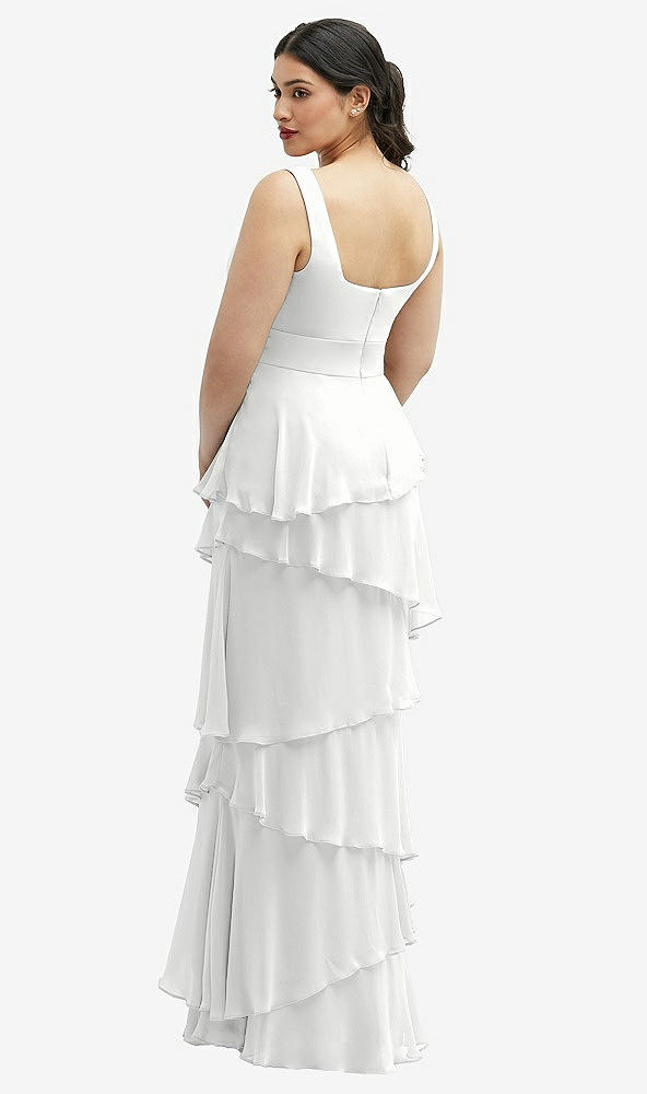 Back View - White Asymmetrical Tiered Ruffle Chiffon Maxi Dress with Square Neckline