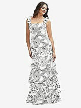 Front View Thumbnail - Botanica Floral Bow-Shoulder Satin Maxi Dress with Asymmetrical Tiered Skirt