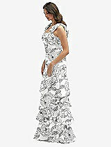 Side View Thumbnail - Botanica Floral Bow-Shoulder Satin Maxi Dress with Asymmetrical Tiered Skirt