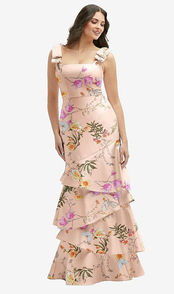 Front View - Butterfly Botanica Pink Sand Floral Bow-Shoulder Satin Maxi Dress with Asymmetrical Tiered Skirt