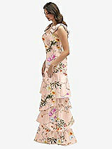 Side View Thumbnail - Butterfly Botanica Pink Sand Floral Bow-Shoulder Satin Maxi Dress with Asymmetrical Tiered Skirt