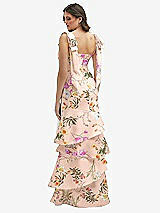 Rear View Thumbnail - Butterfly Botanica Pink Sand Floral Bow-Shoulder Satin Maxi Dress with Asymmetrical Tiered Skirt