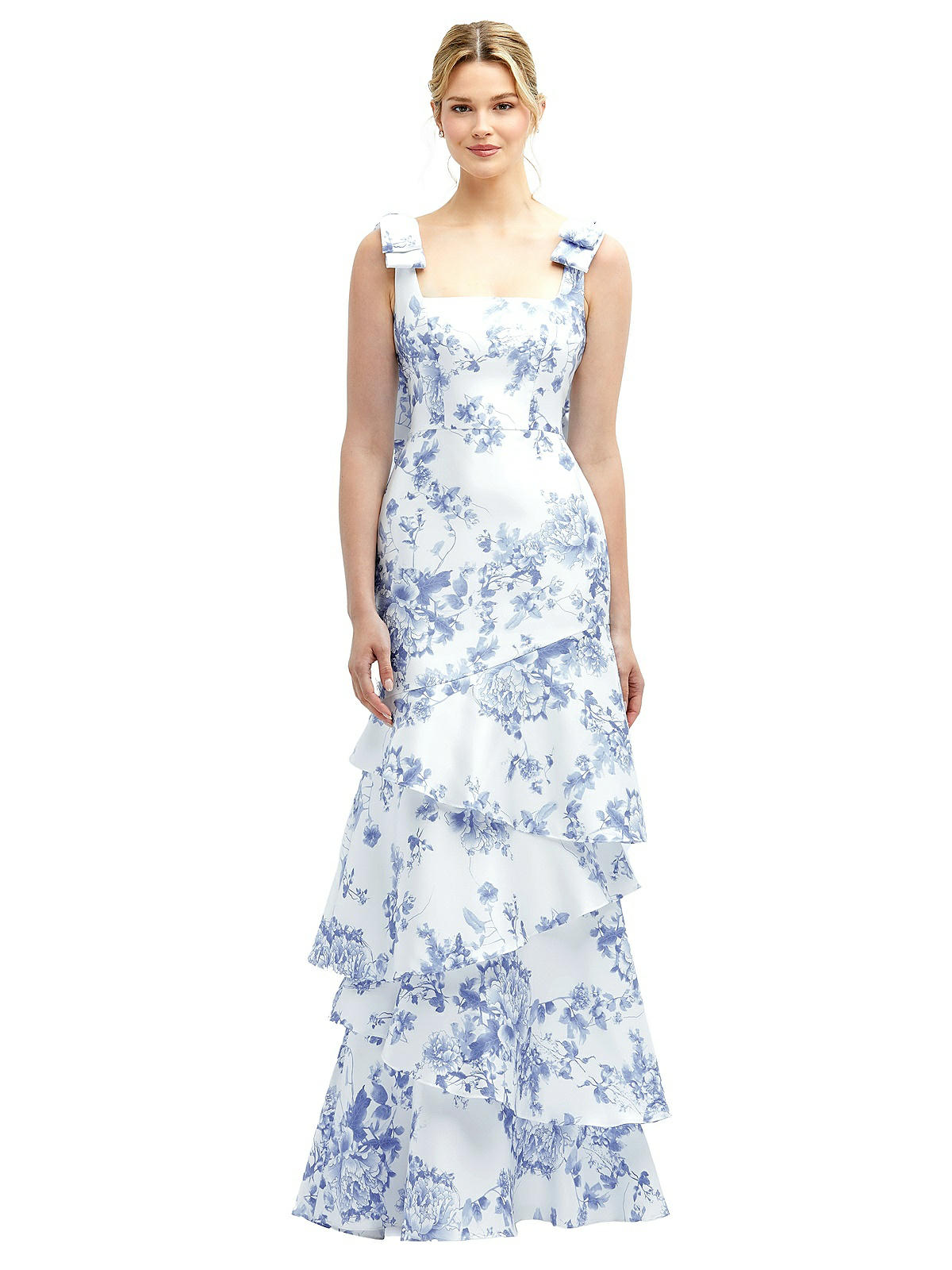 Floral Bow-Shoulder Satin Maxi Dress with Asymmetrical Tiered Skirt