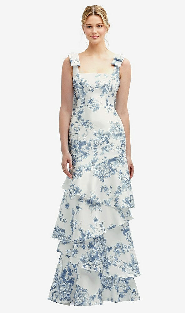 Front View - Cottage Rose Larkspur Floral Bow-Shoulder Satin Maxi Dress with Asymmetrical Tiered Skirt