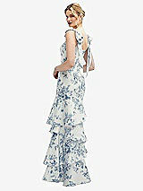 Rear View Thumbnail - Cottage Rose Larkspur Floral Bow-Shoulder Satin Maxi Dress with Asymmetrical Tiered Skirt