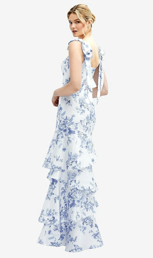 Back View - Cottage Rose Larkspur Floral Bow-Shoulder Satin Maxi Dress with Asymmetrical Tiered Skirt