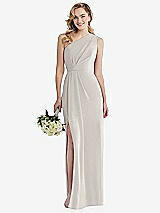 Front View Thumbnail - Oyster One-Shoulder Draped Bodice Column Gown