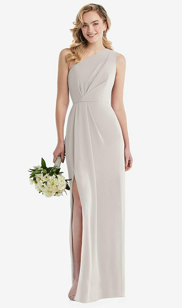 Front View - Oyster One-Shoulder Draped Bodice Column Gown
