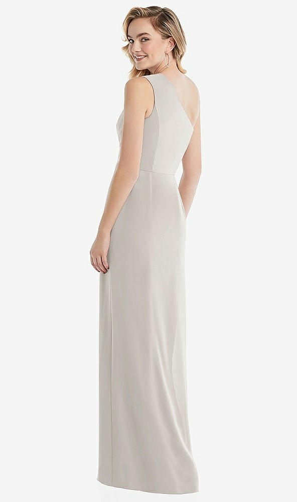 Back View - Oyster One-Shoulder Draped Bodice Column Gown