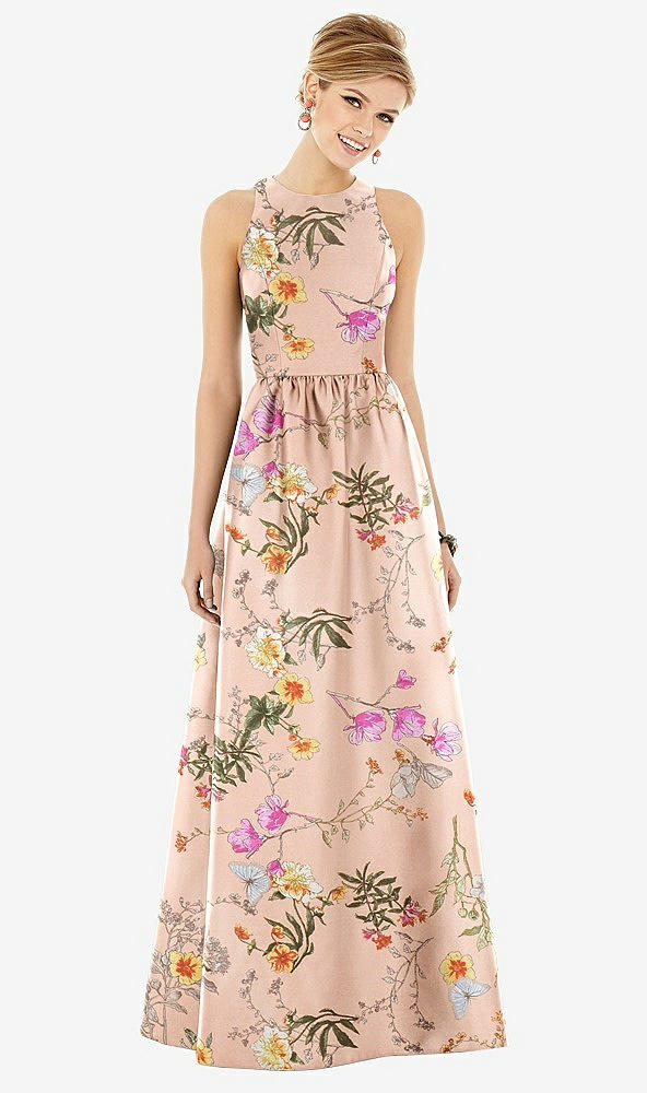Front View - Butterfly Botanica Pink Sand Sleeveless Closed-Back Floral Satin Maxi Dress with Pockets