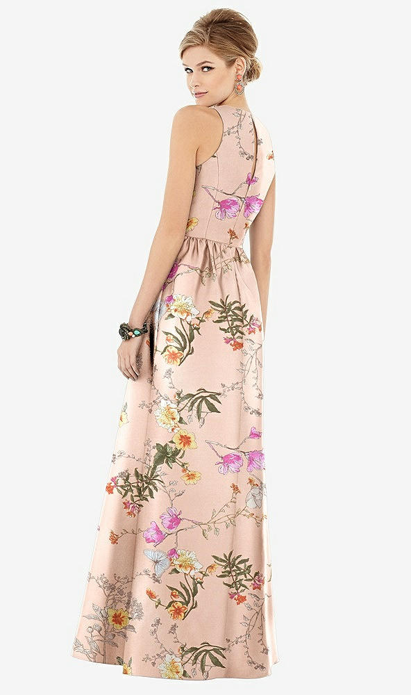 Back View - Butterfly Botanica Pink Sand Sleeveless Closed-Back Floral Satin Maxi Dress with Pockets