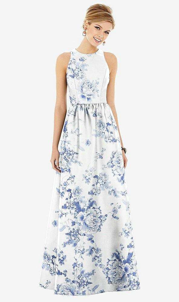 Front View - Cottage Rose Larkspur Sleeveless Closed-Back Floral Satin Maxi Dress with Pockets