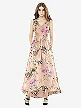 Front View Thumbnail - Butterfly Botanica Pink Sand Sleeveless Floral Satin High Low Dress with Pockets