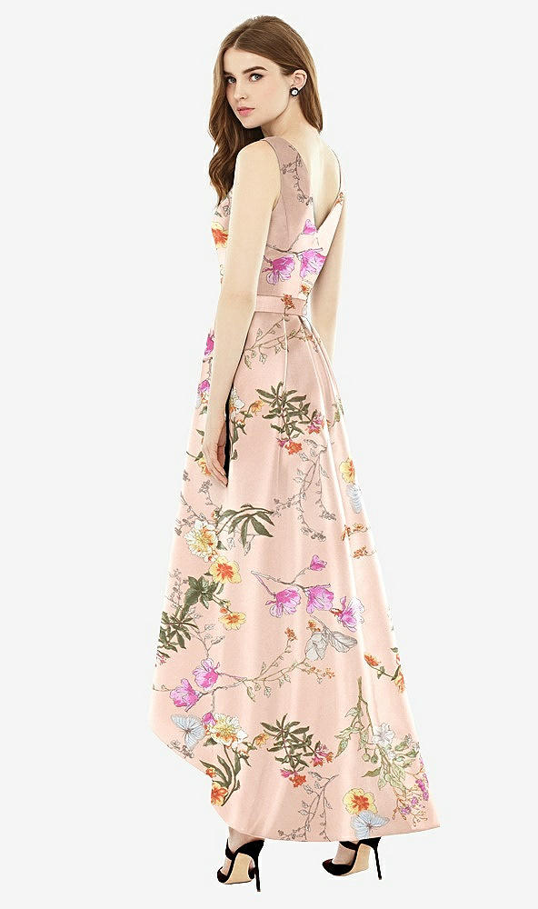 Back View - Butterfly Botanica Pink Sand Sleeveless Floral Satin High Low Dress with Pockets