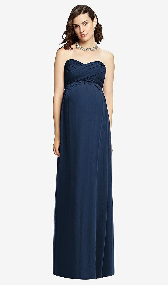 Front View - Midnight Navy Draped Bodice Strapless Maternity Dress