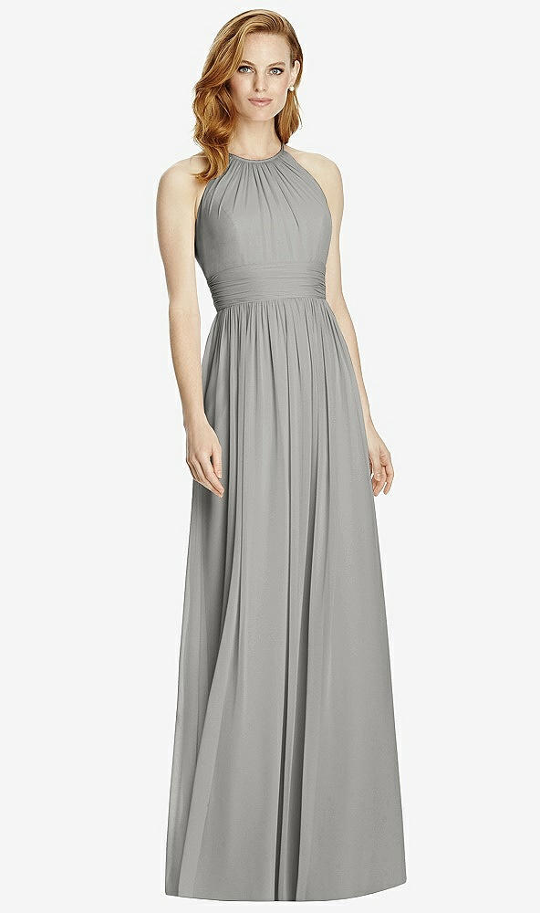 Front View - Chelsea Gray Cutout Open-Back Shirred Halter Maxi Dress