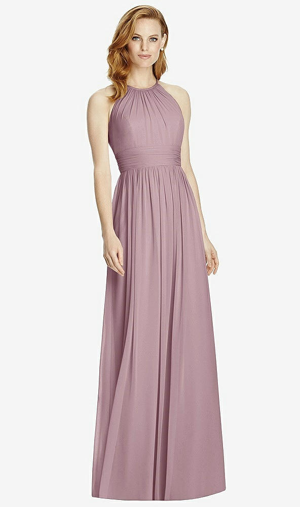 Front View - Dusty Rose Cutout Open-Back Shirred Halter Maxi Dress