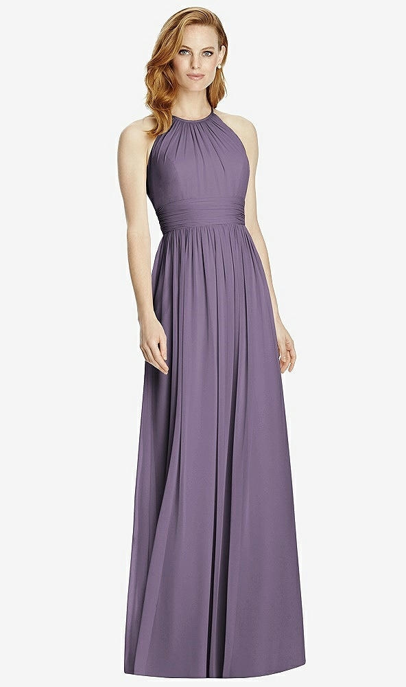 Front View - Lavender Cutout Open-Back Shirred Halter Maxi Dress