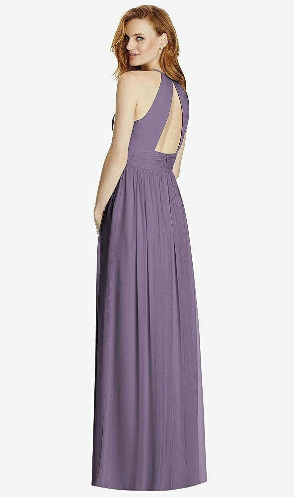 Back View - Lavender Cutout Open-Back Shirred Halter Maxi Dress