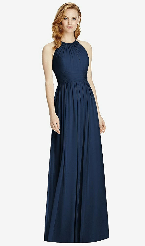 Front View - Midnight Navy Cutout Open-Back Shirred Halter Maxi Dress